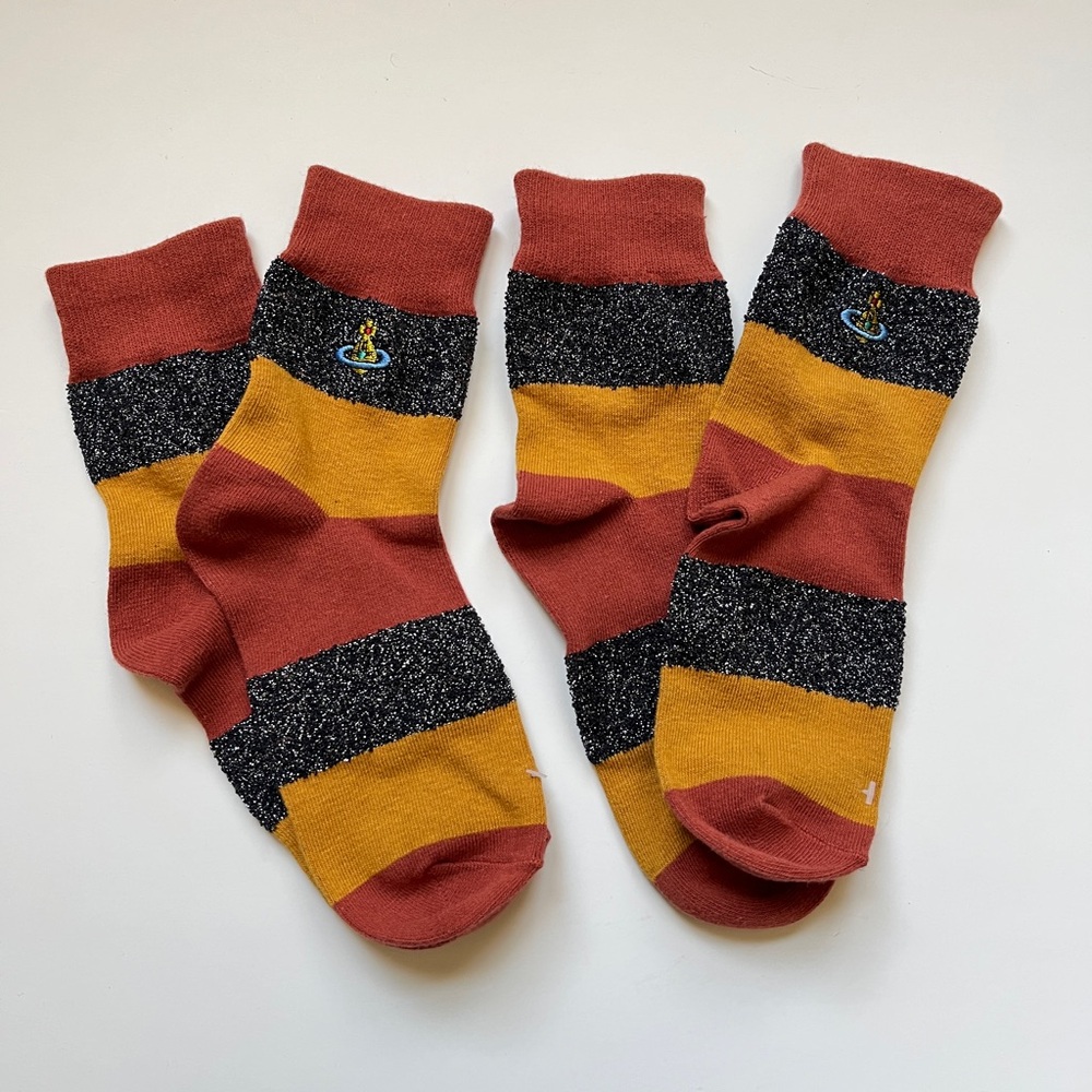 2 for $40 2 X Vivienne Westwood Striped Crew Socks in Rust, Mustard & Black